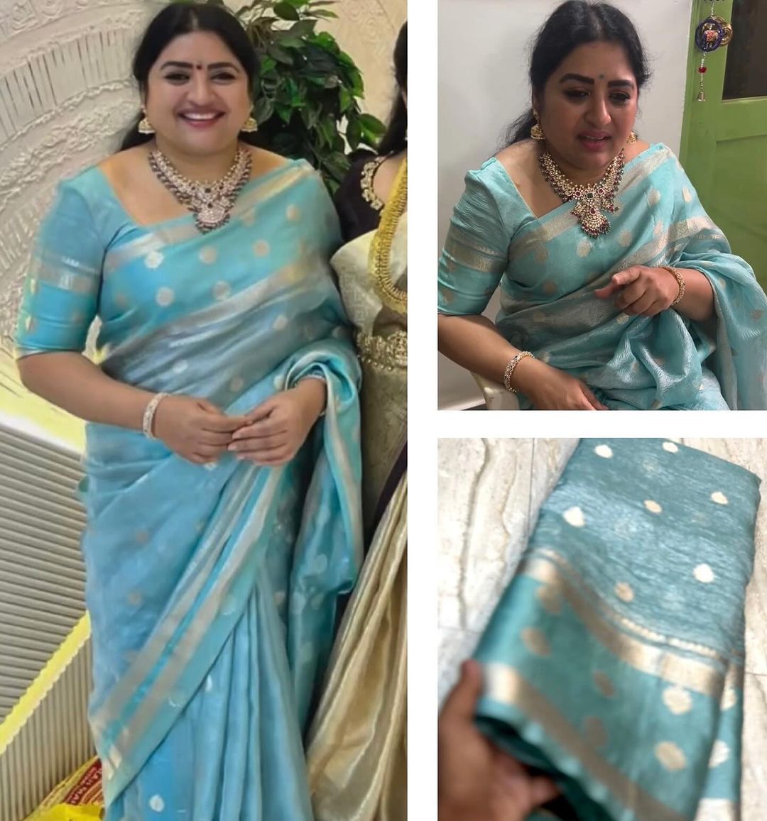 BANARASI SEMI TISSUE CARUSH SILK DYED SAREE SEE BLUE COLOUR