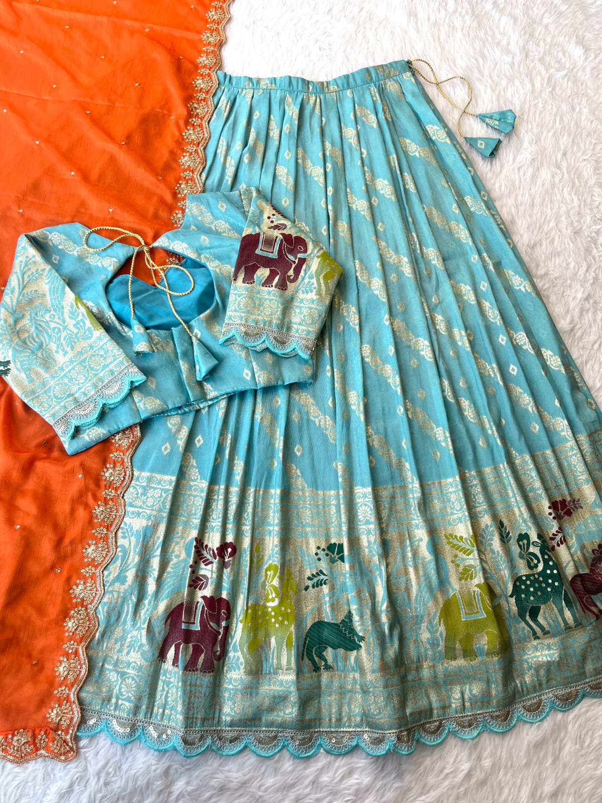 Viscose tissue silk with embroidery cut work lace Lehengha