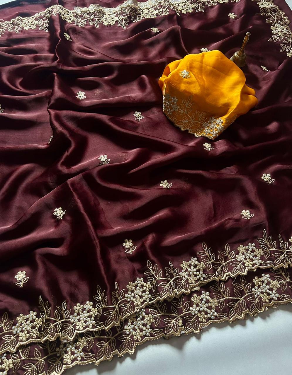 satin chiffon crush silk with beautiful embroidery & moti work scalloped cut work border