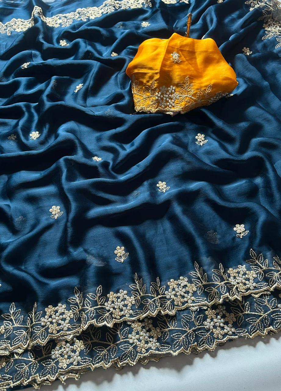 satin chiffon crush silk with beautiful embroidery & moti work scalloped cut work border