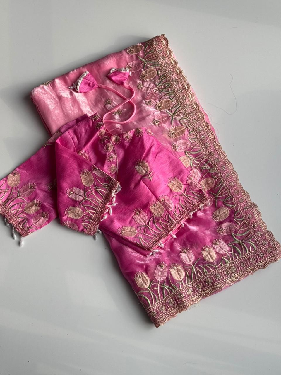 Duel shade classy Embroidery work saree with stitched Blouse