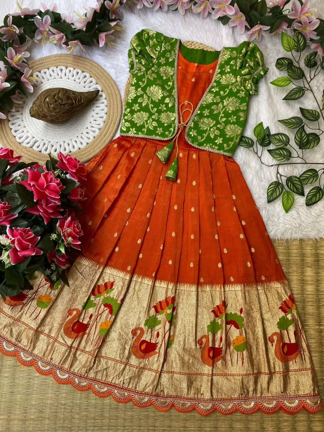Kids Gown With Coat Pure Tissue Silk Fabric
