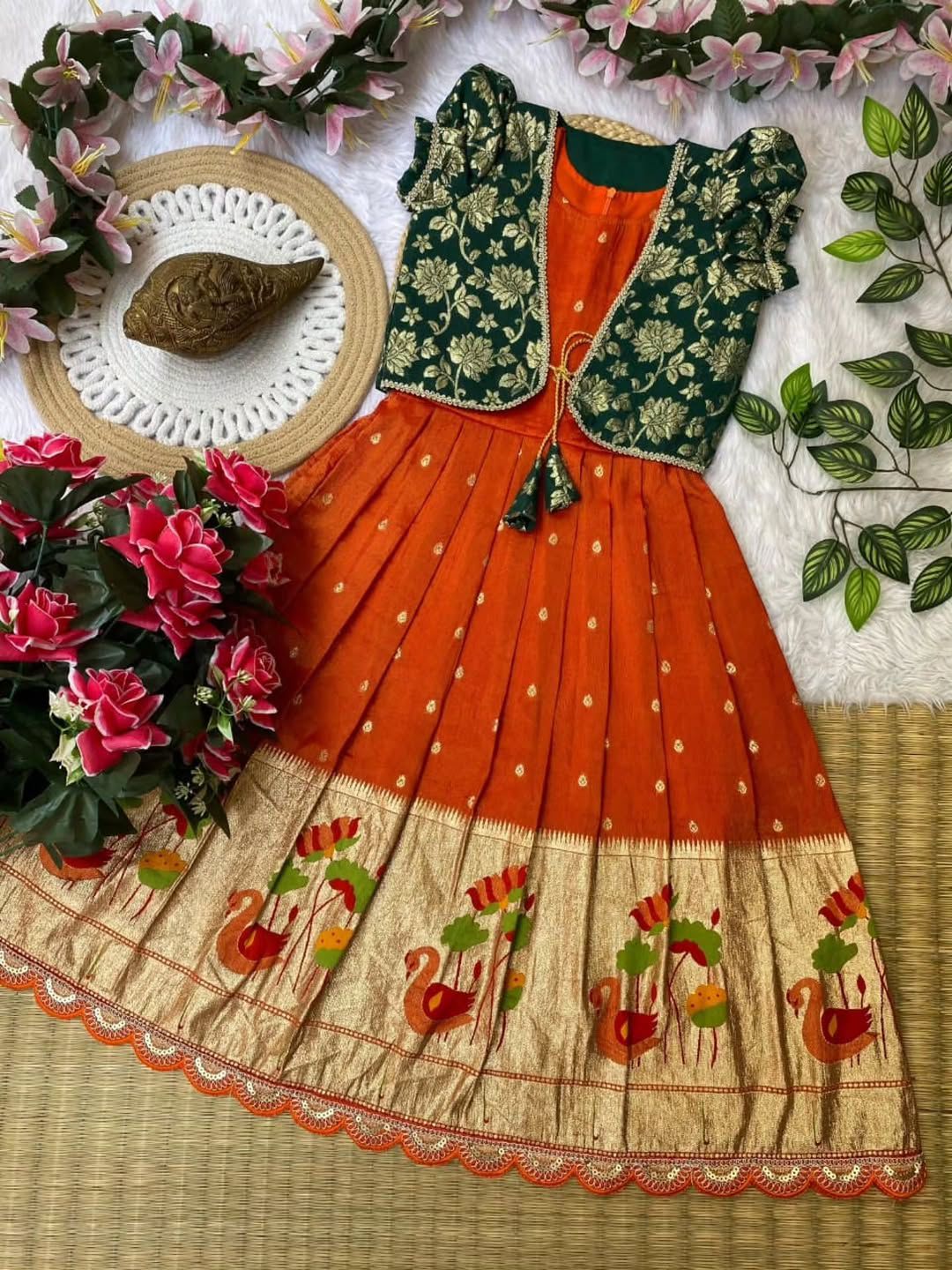 Kids Gown With Coat Pure Tissue Silk Fabric