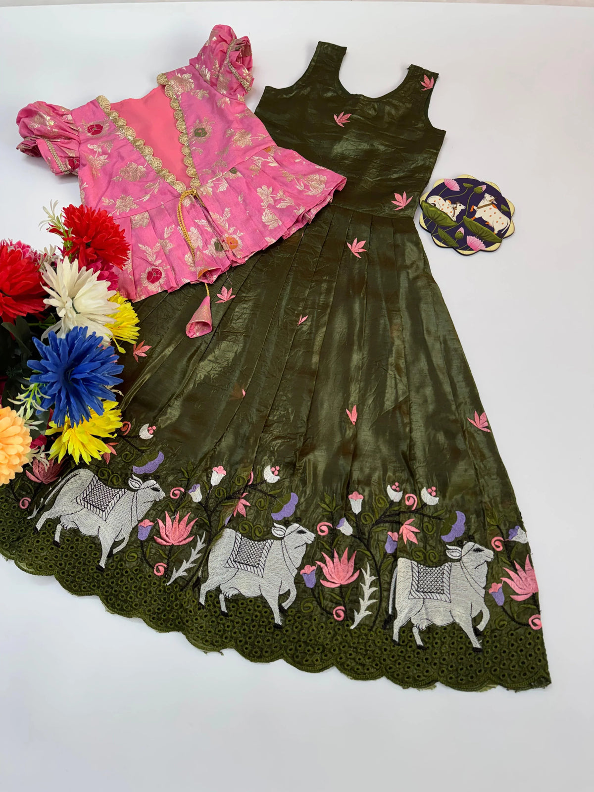 Cow Pichwai Embroidery Kids Gown with Coat