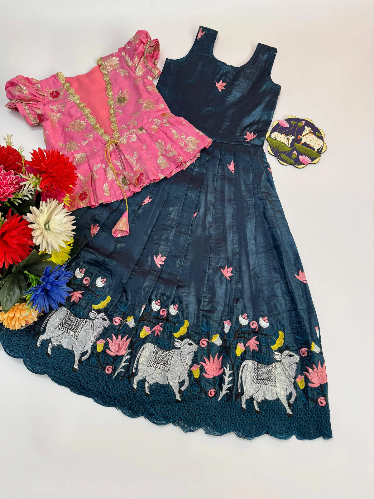 Cow Pichwai Embroidery Kids Gown with Coat