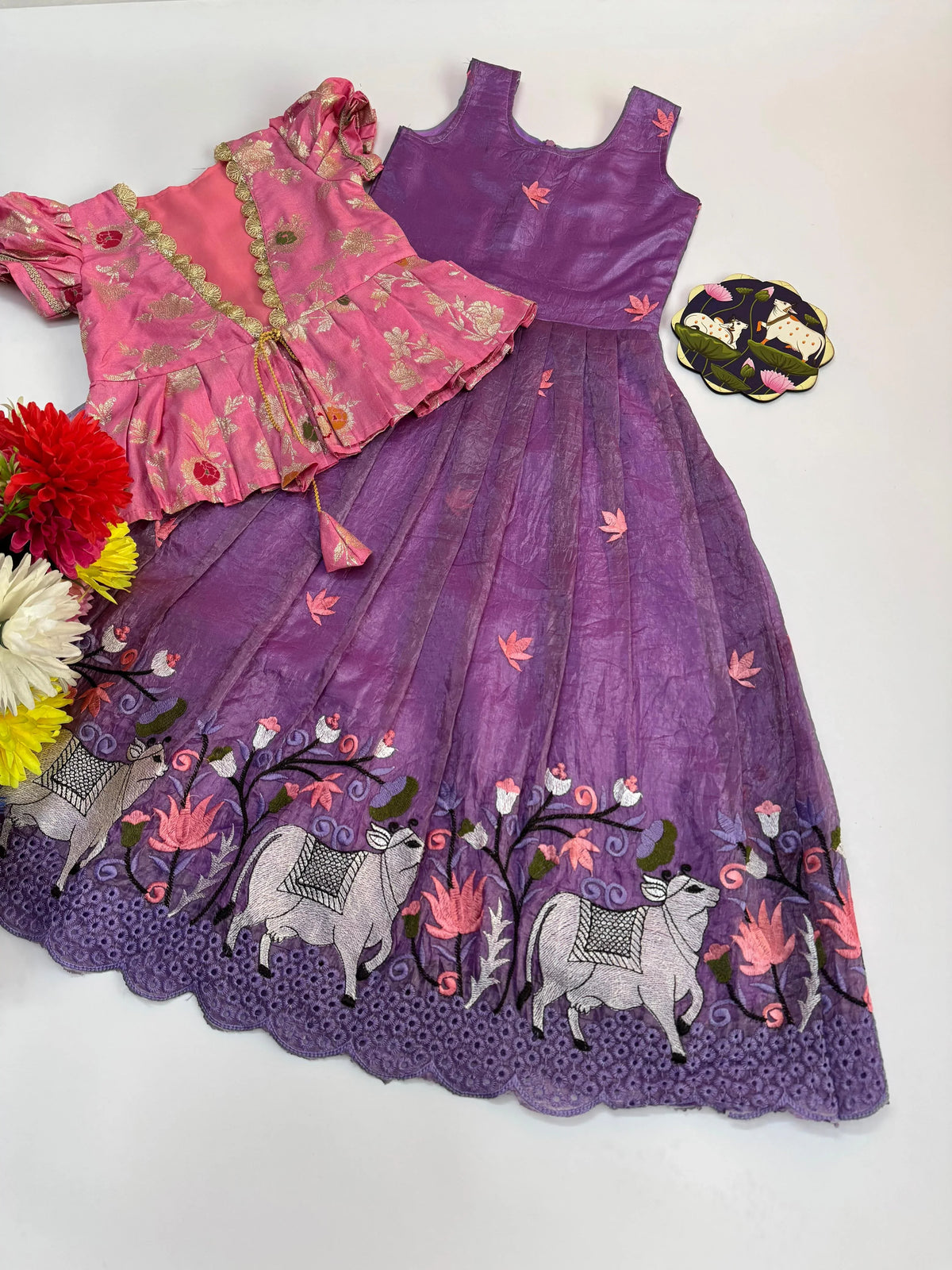 Cow Pichwai Embroidery Kids Gown with Coat