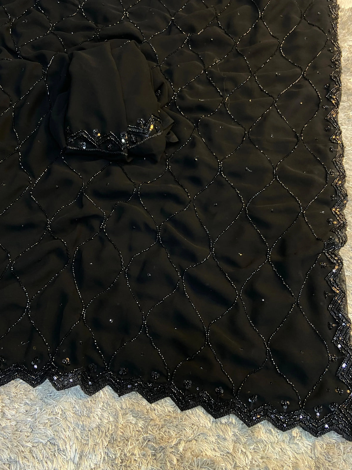 Black Beauty Georgette Beads Work Party Wear Saree