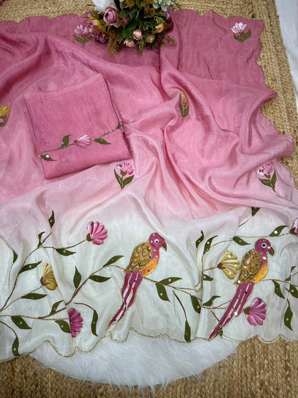Parrot Brush Printed Gold Crush Saree