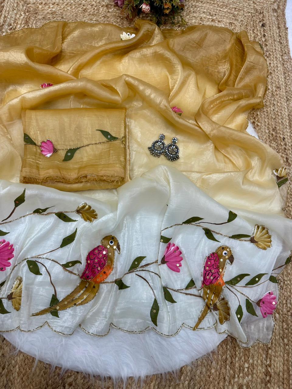 Parrot Brush Printed Gold Crush Saree