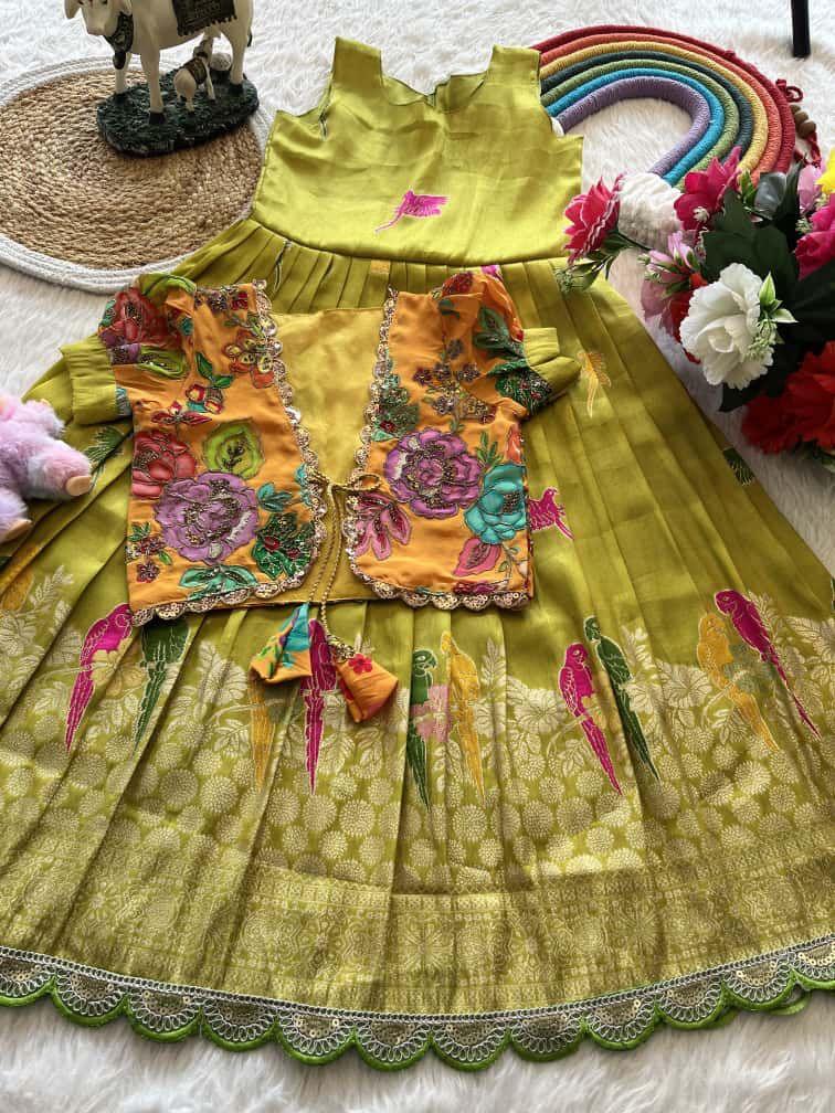 Chiluka Parrot Weaving Kids Gown with Coat