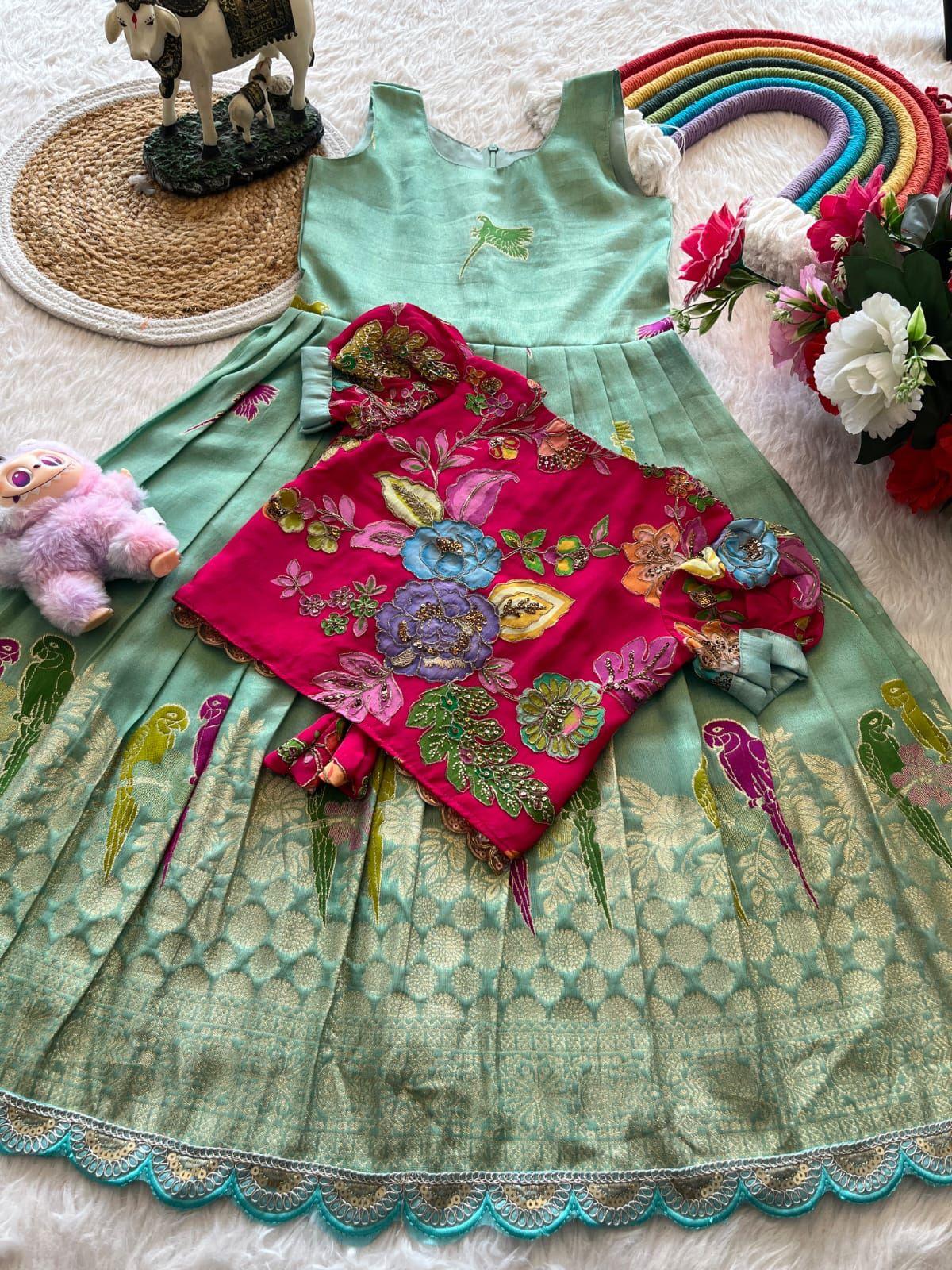 Chiluka Parrot Weaving Kids Gown with Coat