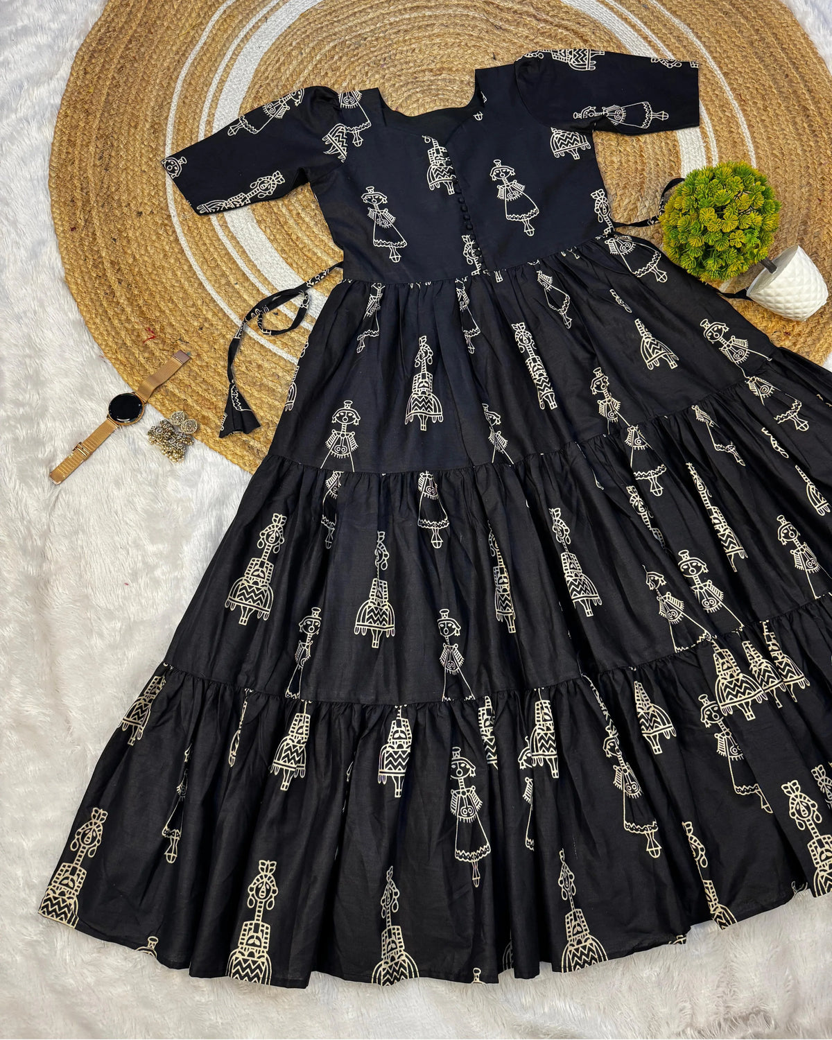 Warli Art Doll Cotton Maxi Gown