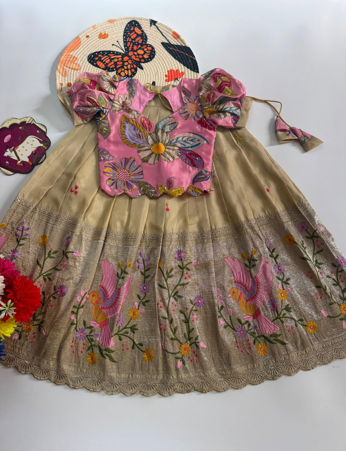 Chikitha Embroidered Tissue Kids Lehenga