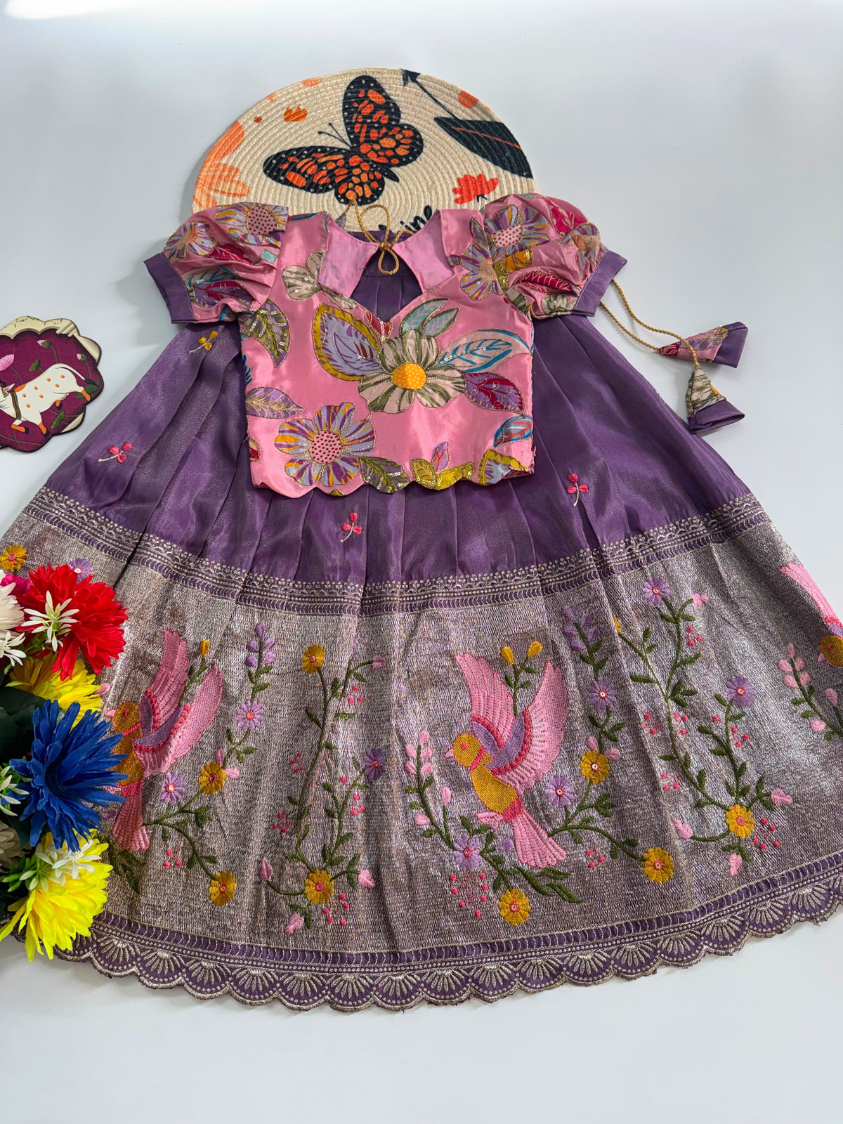 Chikitha Embroidered Tissue Kids Lehenga
