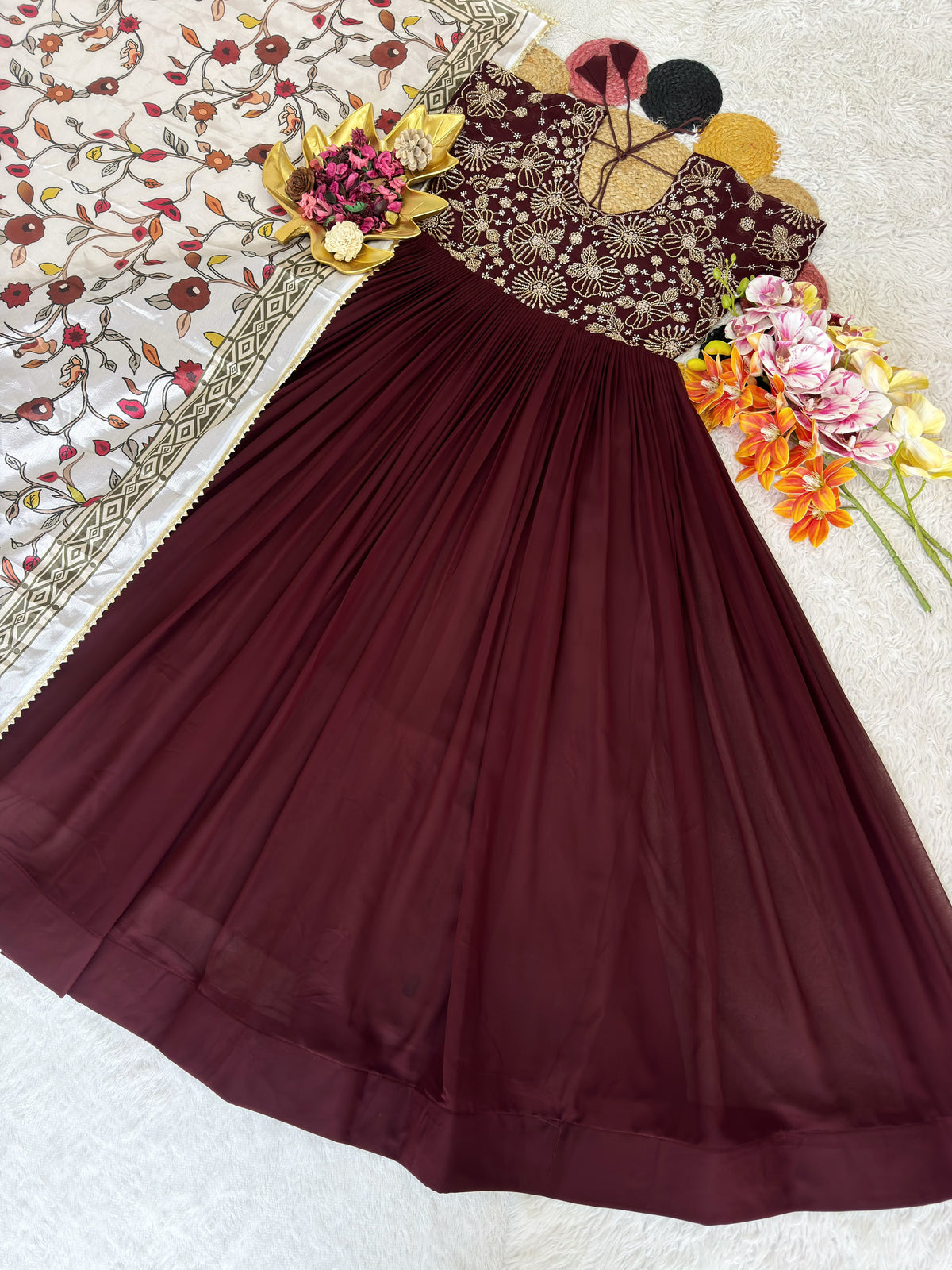 Sweety Maggam Work Georgette Gown with Kalamkari Dupatta