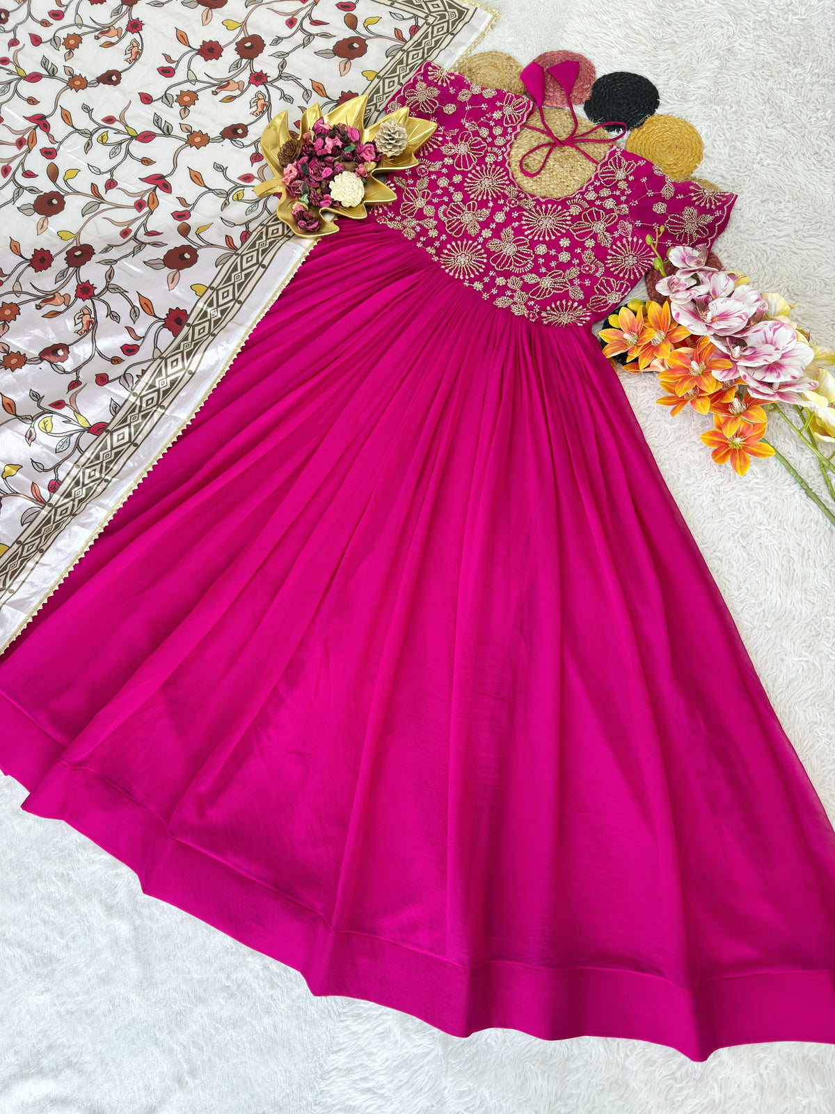 Sweety Maggam Work Georgette Gown with Kalamkari Dupatta