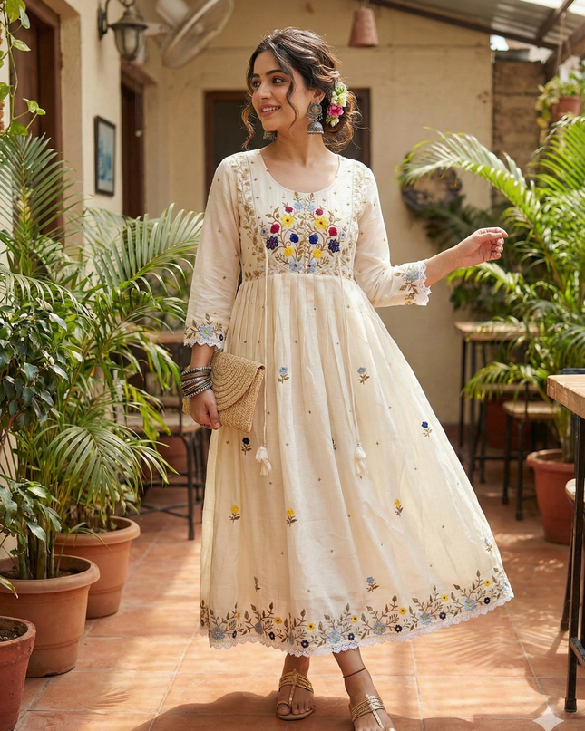 Mull Cotton Embroidery and Pearl Work Dress