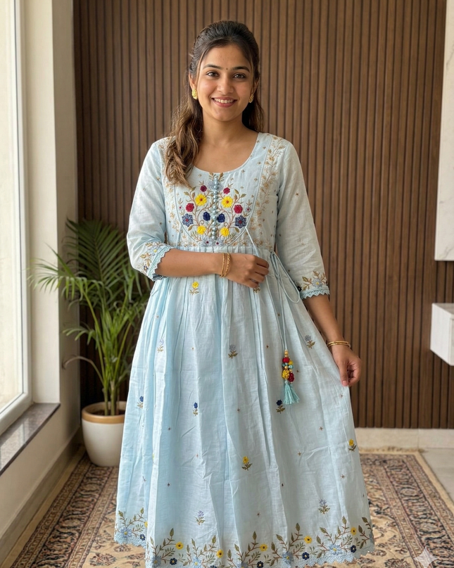 Mull Cotton Embroidery and Pearl Work Dress