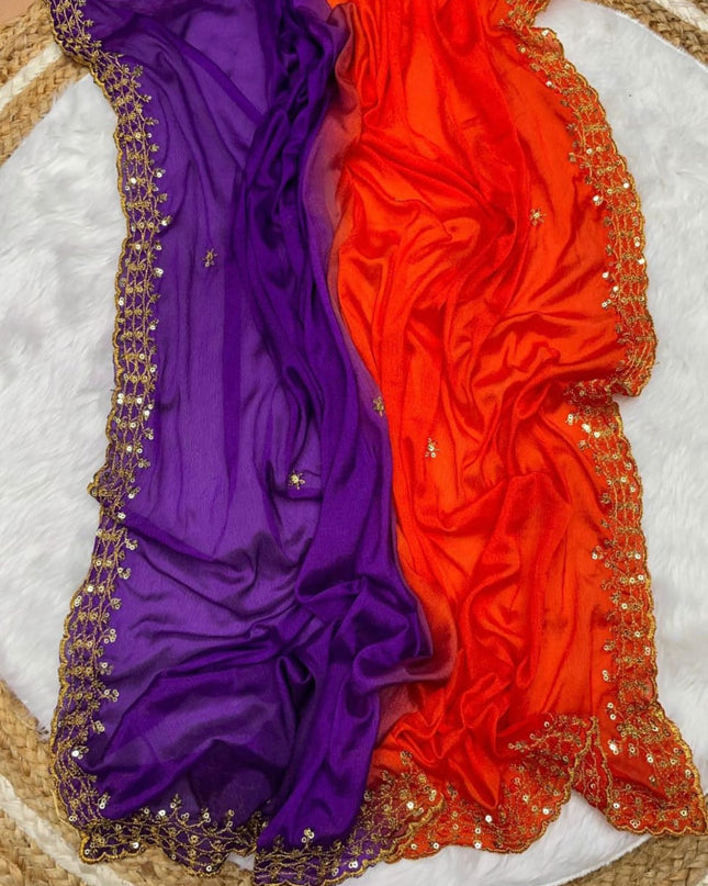Chinnon Silk Saree with Purple and Orange Colour