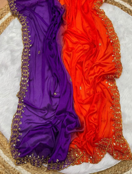 Chinnon Silk Saree with Purple and Orange Colour