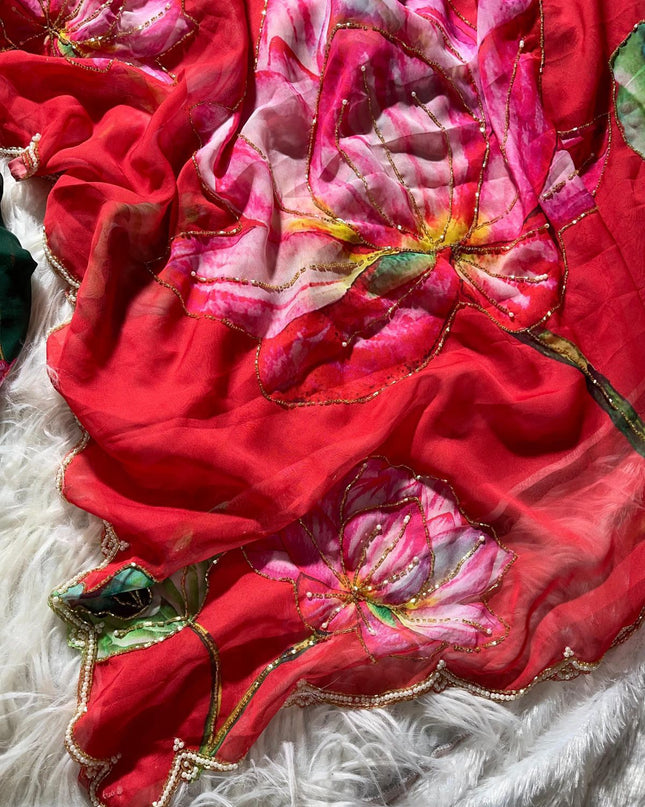 Pure soft Tebby silk saree Red colour