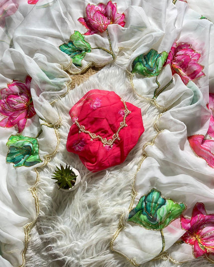 Pure Soft Tebby Silk Saree White and Red Colour