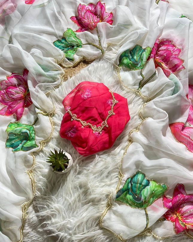 Pure Soft Tebby Silk Saree White and Red Colour