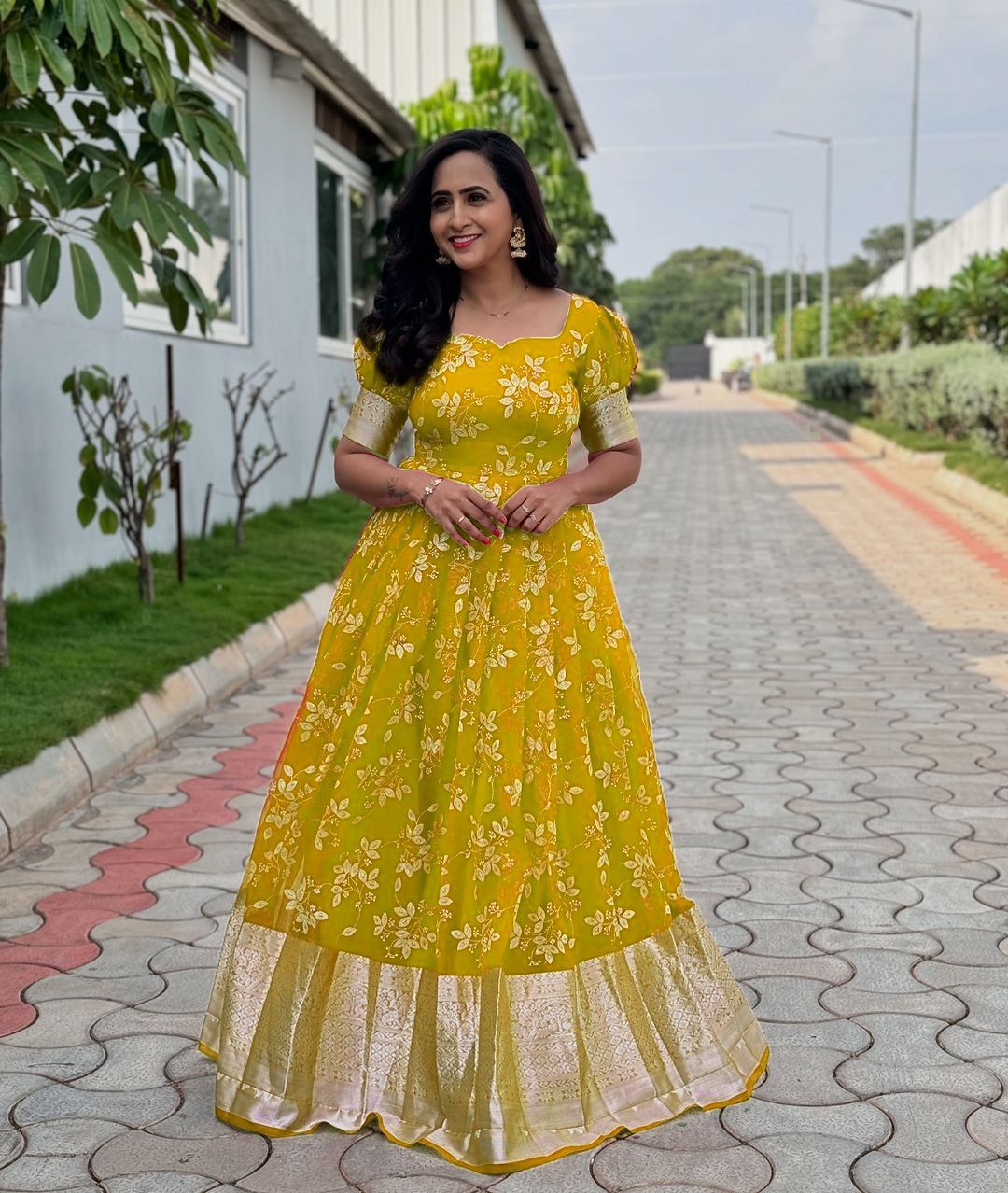 most trending Full Stitched Organza Gown Mustard Yellow