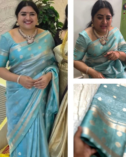BANARASI SEMI TISSUE CARUSH SILK  DYED SAREE SEE BLUE COLOUR