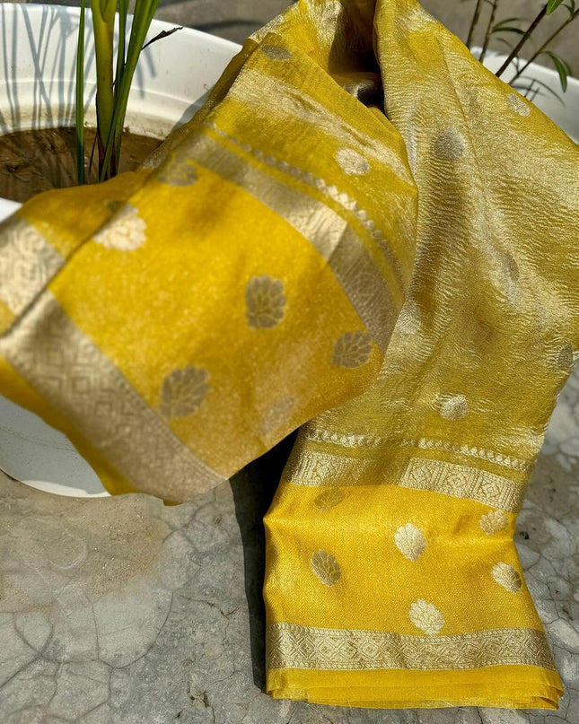 BANARASI SEMI TISSUE CARUSH SILK DYED SAREE YELLOW COLOUR