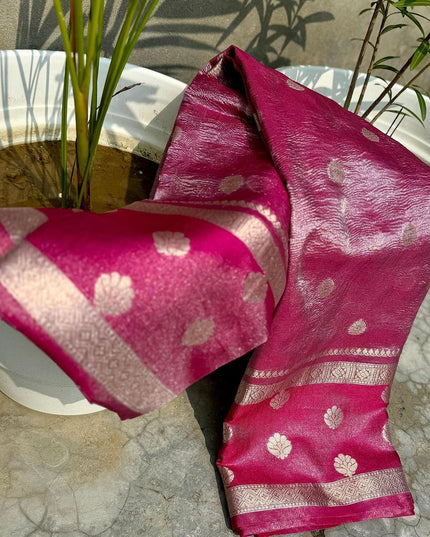 BANARASI  KANCHIPURAM ZARI TISSUE  VASKAT  SAREE PINK COLOUR