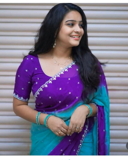 Soft chiffon  Silk Saree Blue and Purple colour