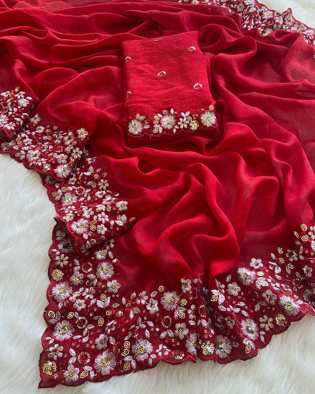 Silky Crush Fabric Saree Red Colour