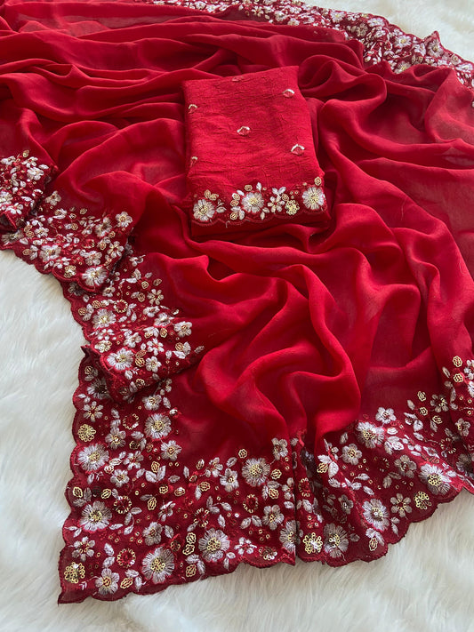 Silky Crush Fabric Saree Red Colour