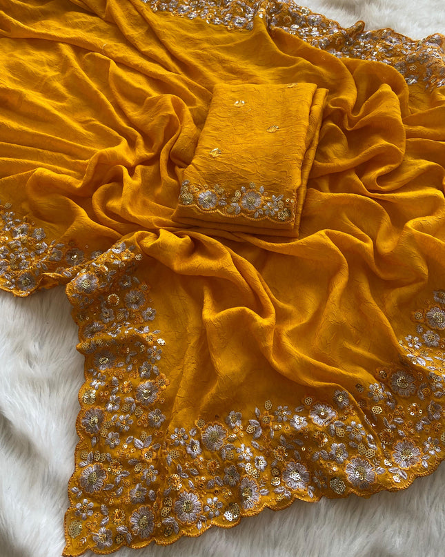 Silky Crush Fabric Saree Mustard Yellow Colour