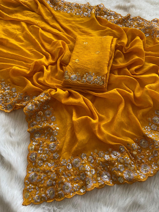 Silky Crush Fabric Saree Mustard Yellow Colour