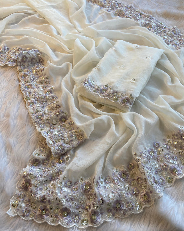 Silky Crush Fabric Saree White colour