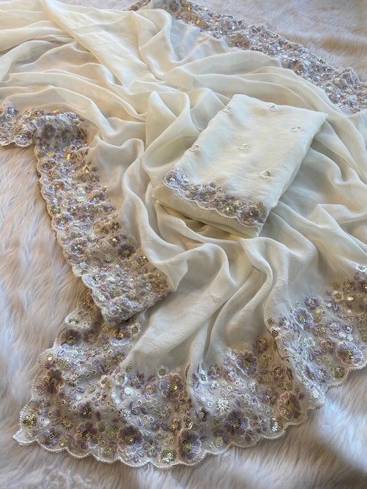 Silky Crush Fabric Saree White colour