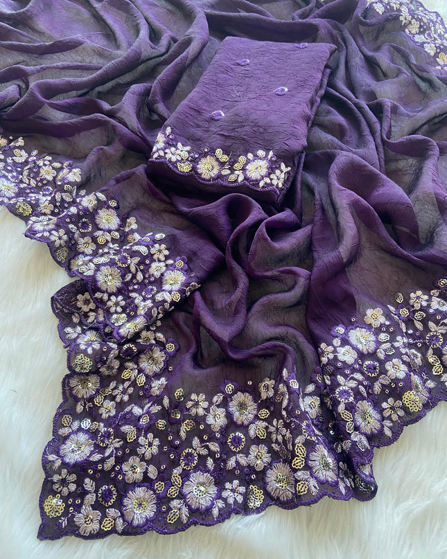 Silky Crush Fabric Saree Purple Colour