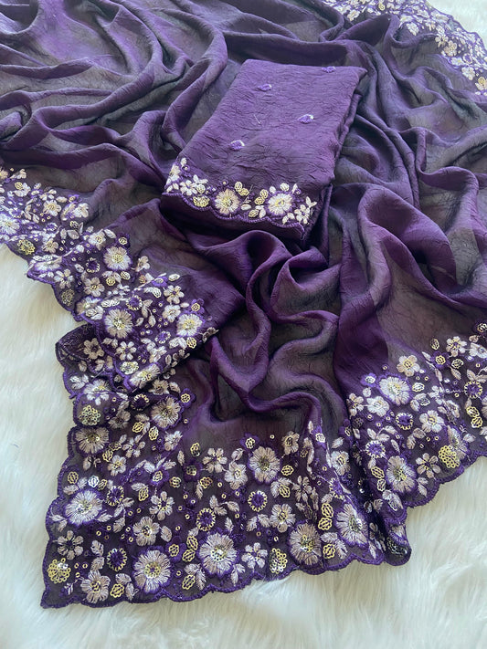 Silky Crush Fabric Saree Purple Colour