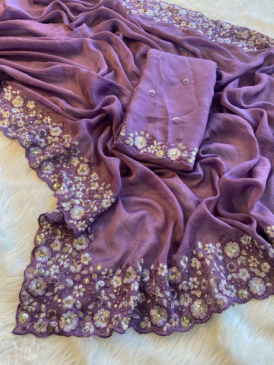 Silky Crush Fabric Saree Lavender Colour