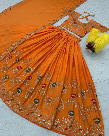 Chinon  Embroidery Thread Work Lehenga Orange Colour