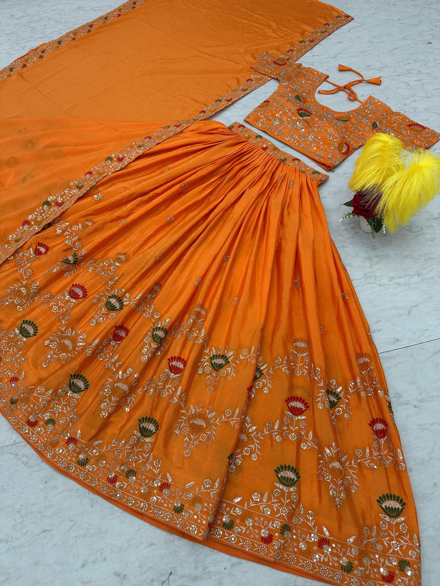 Chinon  Embroidery Thread Work Lehenga Orange Colour