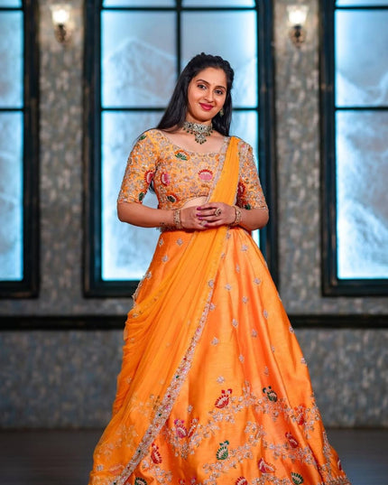 Chinon  Embroidery Thread Work Lehenga Orange Colour