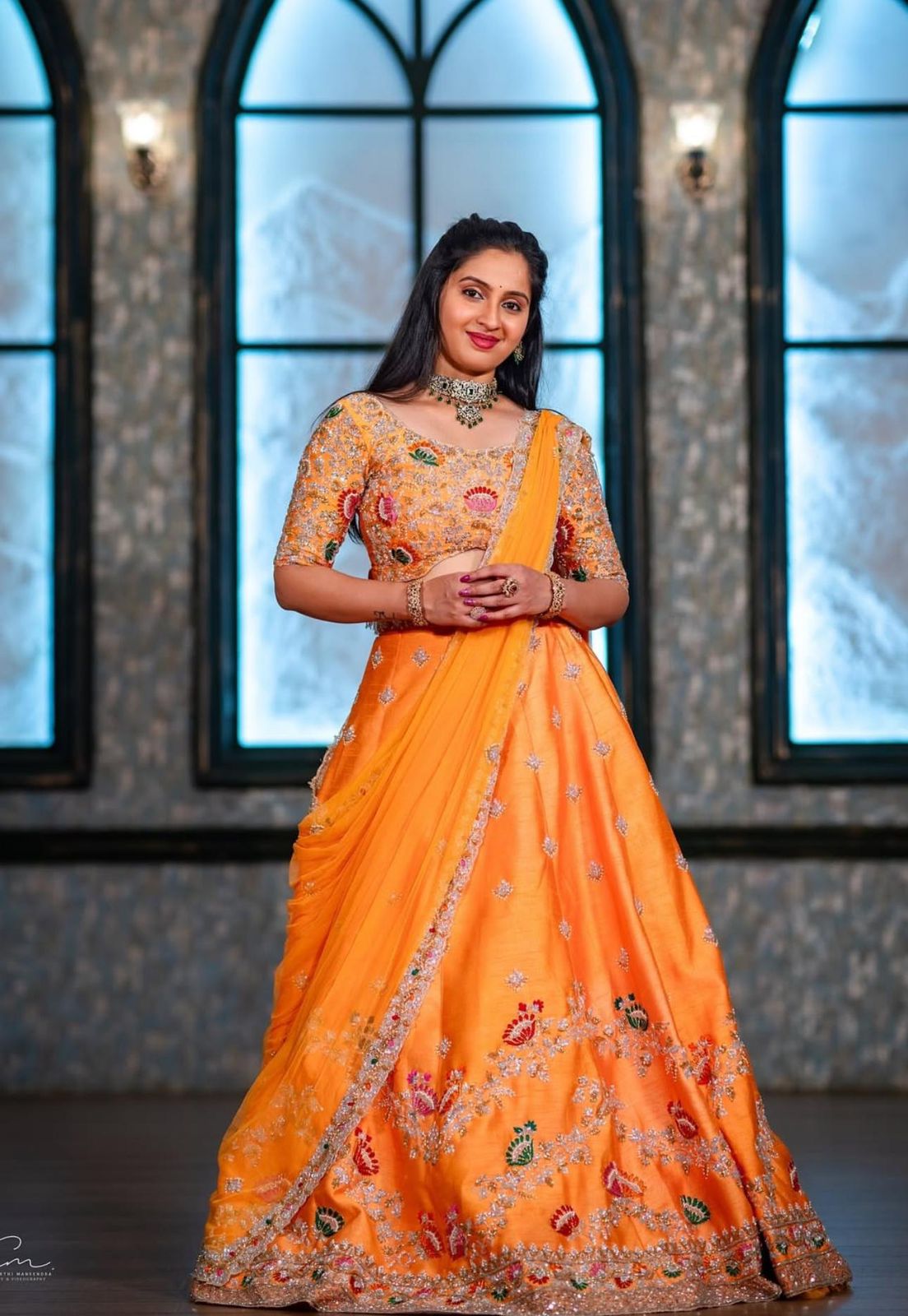 Chinon  Embroidery Thread Work Lehenga Orange Colour