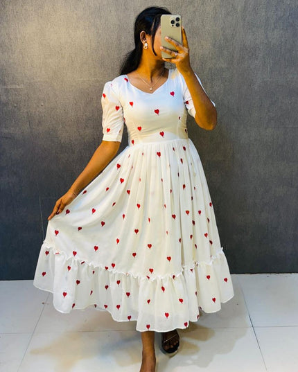 premium blooming vichitra silk fabric&With beautiful heart embroidery work White Colour