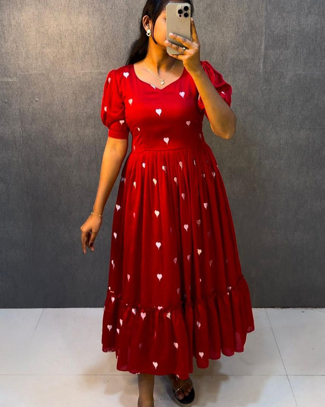 premium blooming vichitra silk fabric& With beautiful heart embroidery work Red Colour