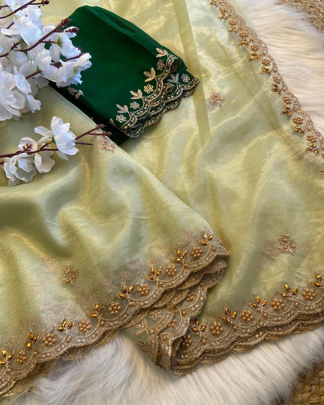 ORGANZA SAREE WITH EMBROIDERY BLOUSE Pista Green colour