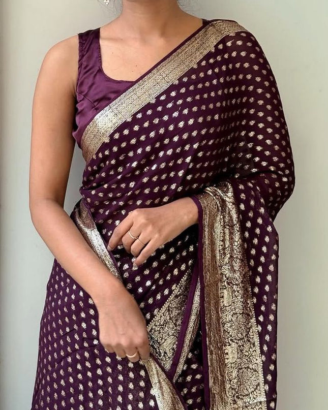 Pure Viscose Georgette Saree With Fancy Zari & Fancy Jacquard Border Maroon Colour