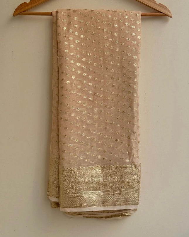 Pure Viscose Georgette Saree With Fancy Zari & Fancy Jacquard Border Peach Colour